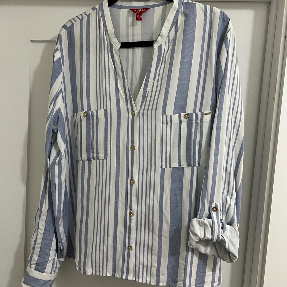 Guess Striped Button-Up Shirt in Blue and White